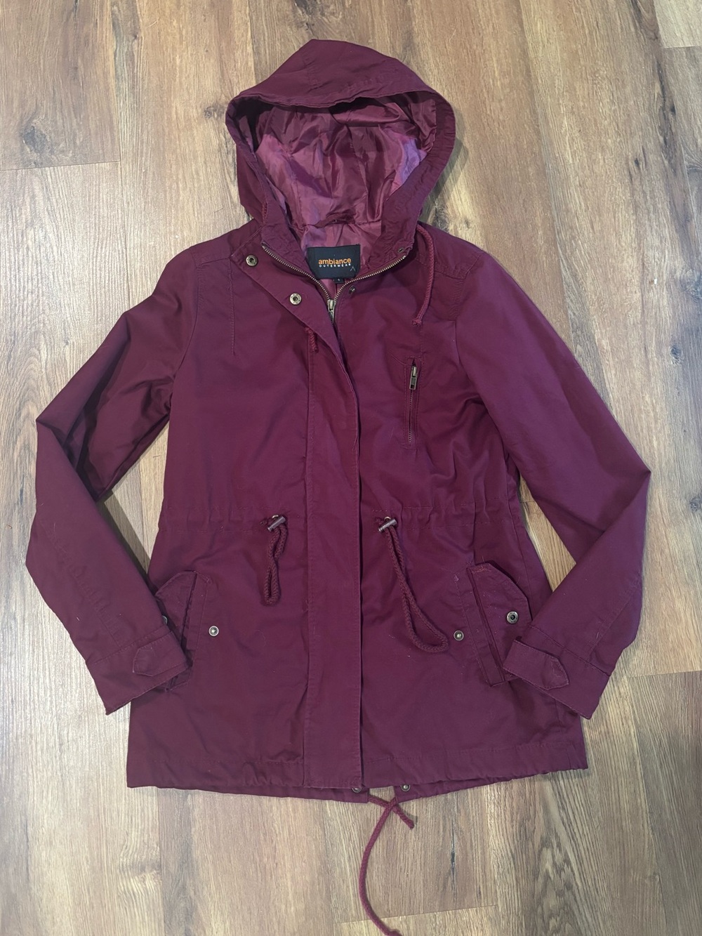 Ambiance Outerwear Adjustable Maroon Hooded Utility Jacket Fall Women’s Small - Picture 8 of 10